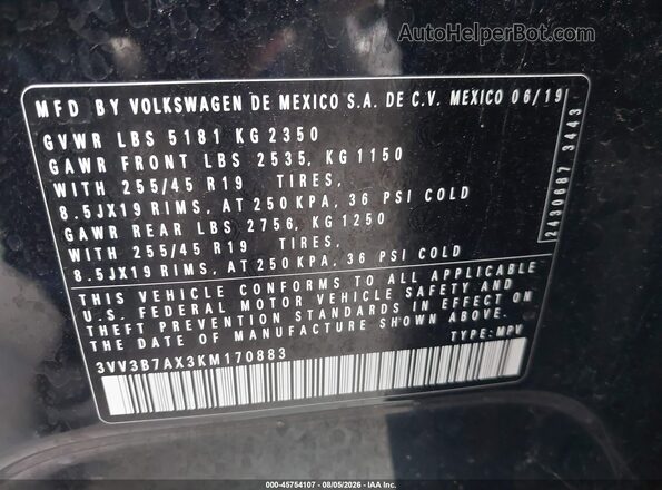 3VV3B7AX3KM170883 2019 VOLKSWAGEN TIGUAN Black Вид підкапотного простору