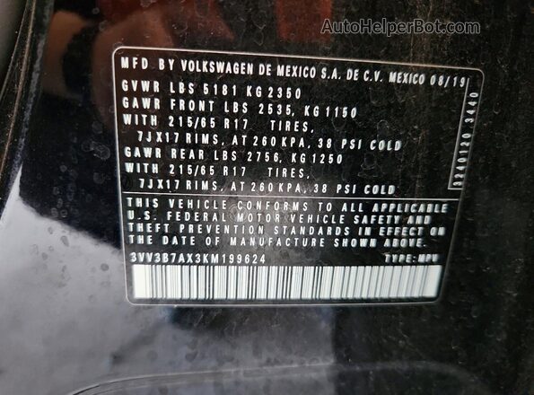 3VV3B7AX3KM199624 2019 VOLKSWAGEN TIGUAN Black VIN კოდის სტიკერის ხედი
