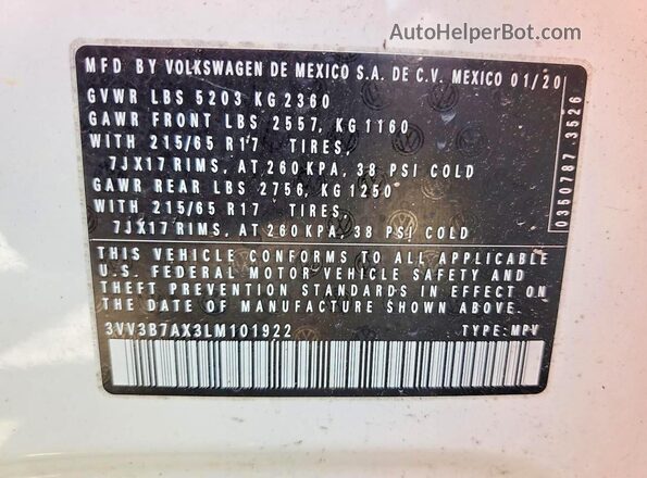 3VV3B7AX3LM101922 2020 VOLKSWAGEN TIGUAN White VIN sticker view