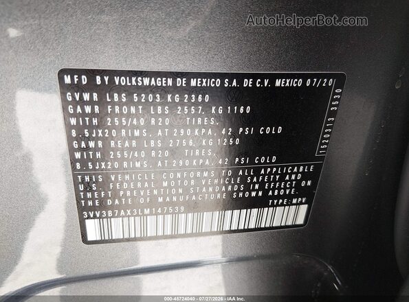 3VV3B7AX3LM147539 2020 VOLKSWAGEN TIGUAN Gray Вид підкапотного простору