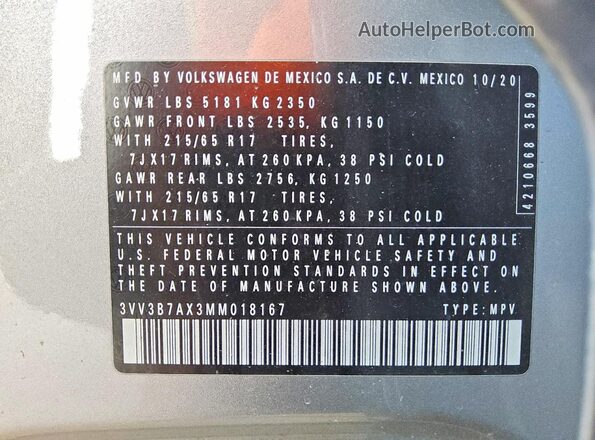 3VV3B7AX3MM018167 2021 VOLKSWAGEN TIGUAN Silver Vista de la etiqueta del VIN