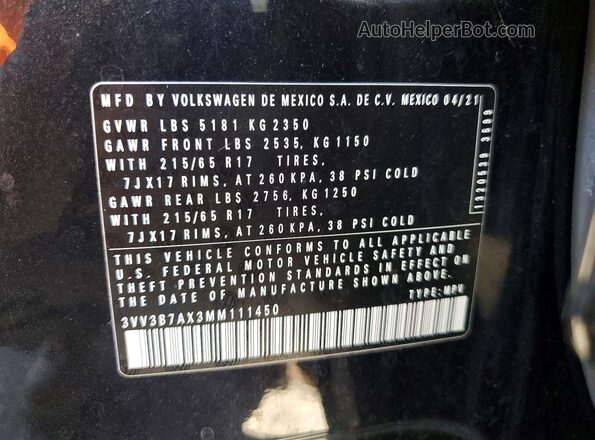 3VV3B7AX3MM111450 2021 VOLKSWAGEN TIGUAN Black VIN sticker view