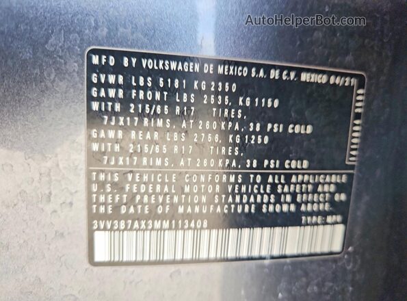 3VV3B7AX3MM113408 2021 VOLKSWAGEN TIGUAN Gray VIN կոդի պիտակի տեսք