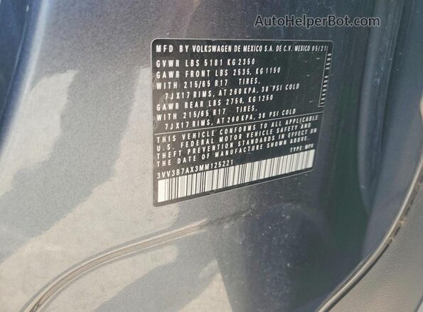 3VV3B7AX3MM125221 2021 VOLKSWAGEN TIGUAN Silver VIN կոդի պիտակի տեսք