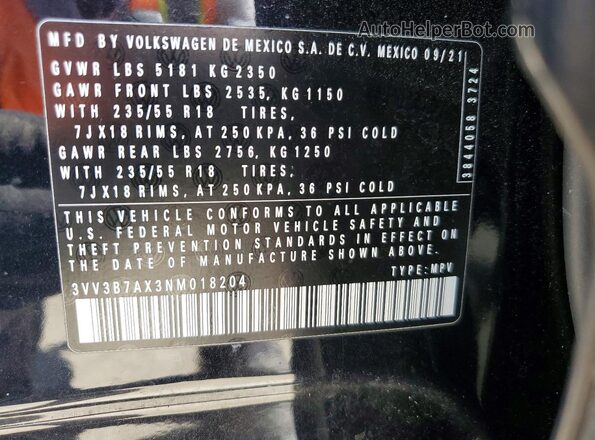 3VV3B7AX3NM018204 2022 VOLKSWAGEN TIGUAN Black Vista de la etiqueta del VIN