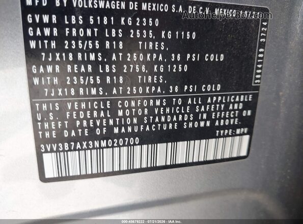 3VV3B7AX3NM020700 2022 VOLKSWAGEN TIGUAN Silver ძრავის განყოფილების ხედი