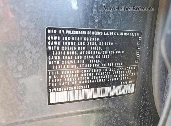 3VV3B7AX3NM033138 2022 VOLKSWAGEN TIGUAN Gray Vista de la etiqueta del VIN