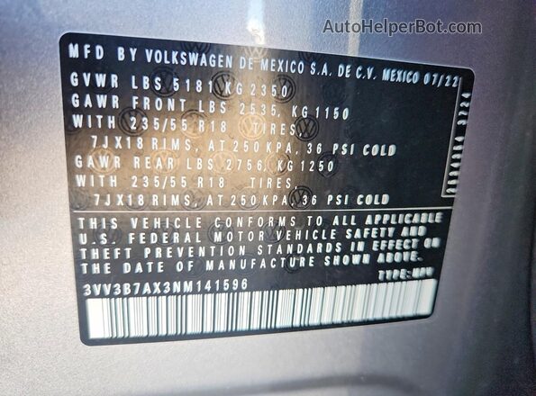 3VV3B7AX3NM141596 2022 VOLKSWAGEN TIGUAN Silver Widok komory silnika