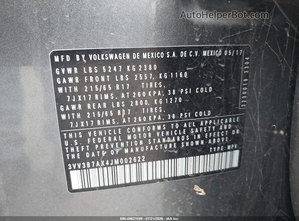 3VV3B7AX4JM002622 2018 VOLKSWAGEN TIGUAN Gray Vista del compartimento del motor