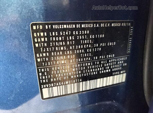 3VV3B7AX4JM218714 2018 VOLKSWAGEN TIGUAN Blue Widok naklejki z numerem VIN