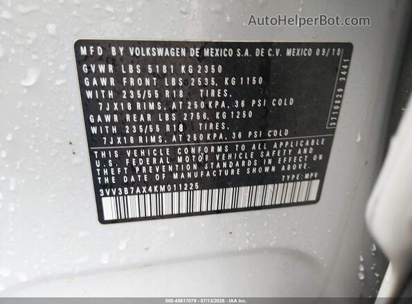 3VV3B7AX4KM011225 2019 VOLKSWAGEN TIGUAN White Vista del compartimento del motor