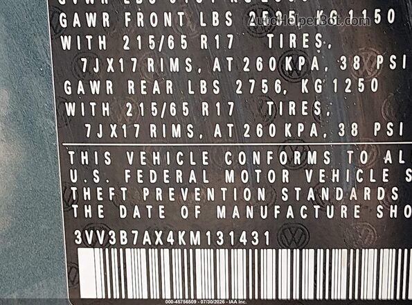 3VV3B7AX4KM131431 2019 VOLKSWAGEN TIGUAN Green Вид підкапотного простору