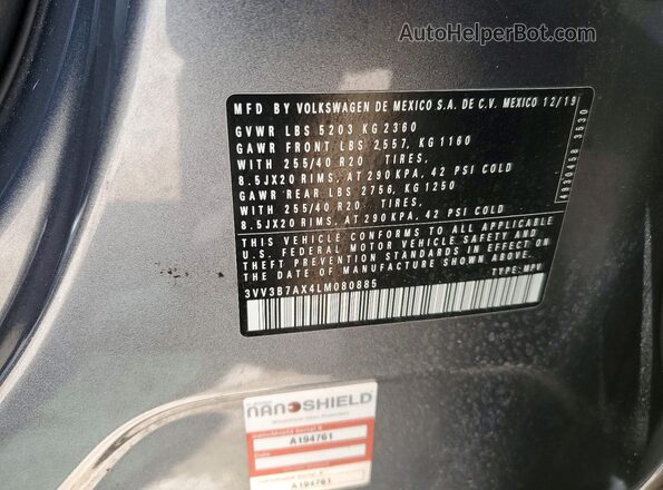 3VV3B7AX4LM080885 2020 VOLKSWAGEN TIGUAN Gray Вид наклейки з VIN-кодом