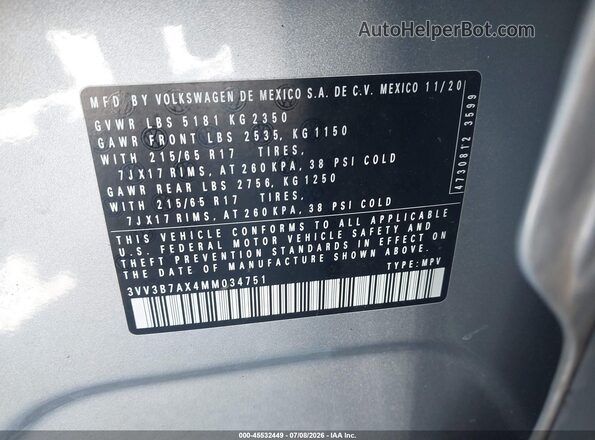 3VV3B7AX4MM034751 2021 VOLKSWAGEN TIGUAN Silver Engine compartment view