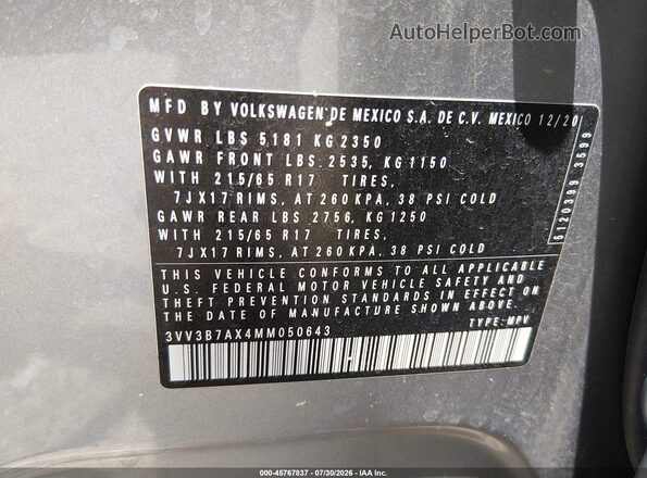 3VV3B7AX4MM050643 2021 VOLKSWAGEN TIGUAN Silver Engine compartment view