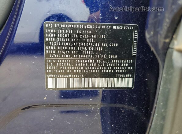 3VV3B7AX4MM144215 2021 VOLKSWAGEN TIGUAN Синий Вид наклейки с VIN-кодом