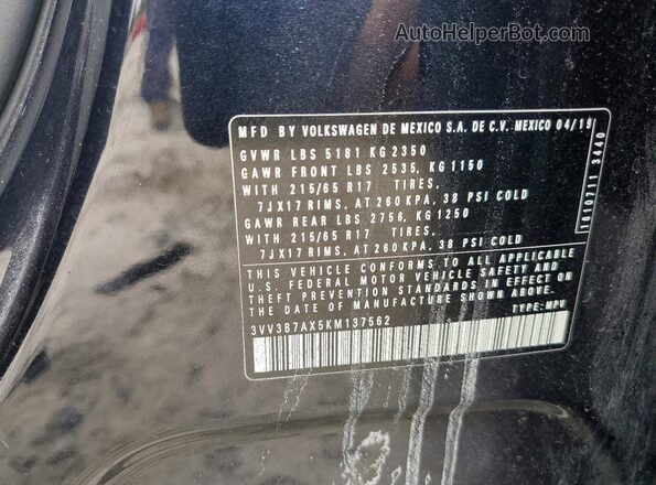 3VV3B7AX5KM137562 2019 VOLKSWAGEN TIGUAN Black Widok naklejki z numerem VIN