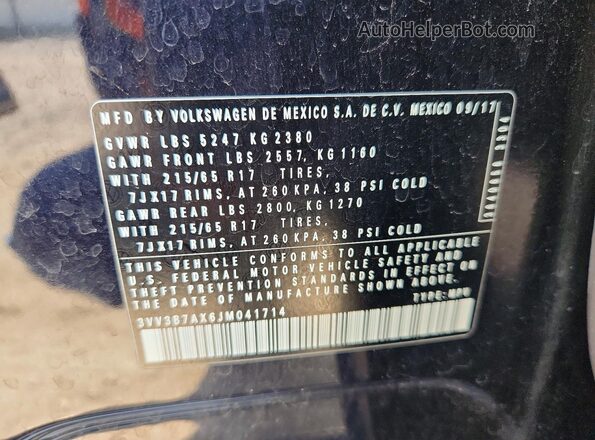 3VV3B7AX6JM041714 2018 VOLKSWAGEN TIGUAN Black VIN კოდის სტიკერის ხედი