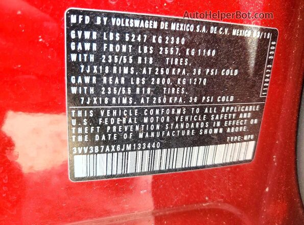 3VV3B7AX6JM133440 2018 VOLKSWAGEN TIGUAN Красный Вид наклейки с VIN-кодом