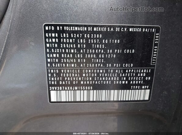 3VV3B7AX6JM155969 2018 VOLKSWAGEN TIGUAN Gray Engine compartment view