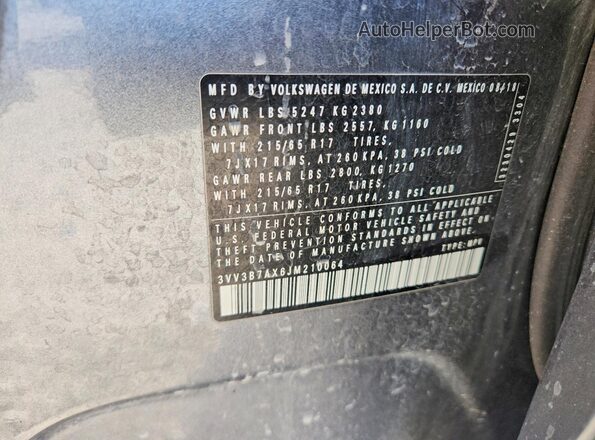 3VV3B7AX6JM210064 2018 VOLKSWAGEN TIGUAN Gray Widok komory silnika