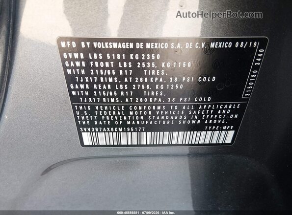 3VV3B7AX6KM195177 2019 VOLKSWAGEN TIGUAN Gray Vista del compartimento del motor