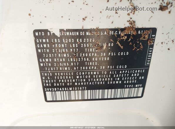 3VV3B7AX6LM101672 2020 VOLKSWAGEN TIGUAN Белый Вид подкапотного пространства