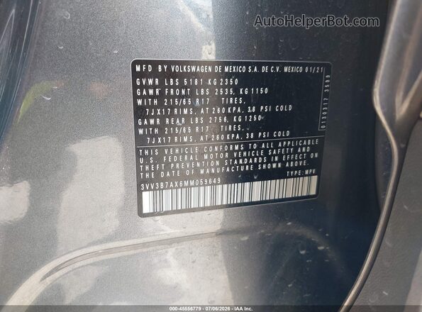 3VV3B7AX6MM059649 2021 VOLKSWAGEN TIGUAN Gray Շարժիչի բաժամունքի տեսք