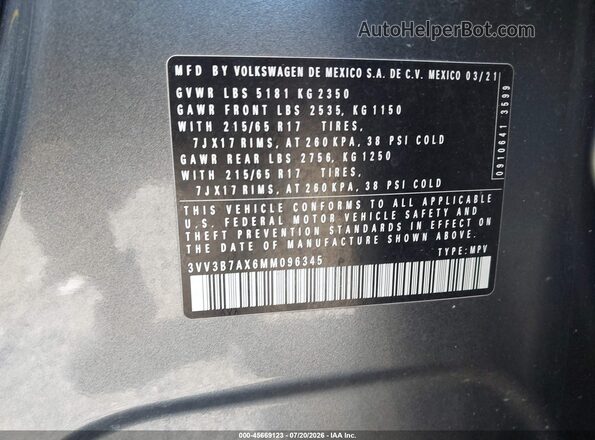 3VV3B7AX6MM096345 2021 VOLKSWAGEN TIGUAN Pewter ძრავის განყოფილების ხედი