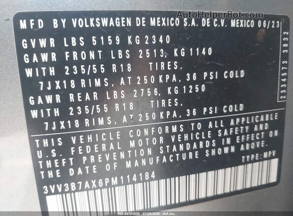 3VV3B7AX6PM114184 2023 VOLKSWAGEN TIGUAN Silver Vista del compartimento del motor