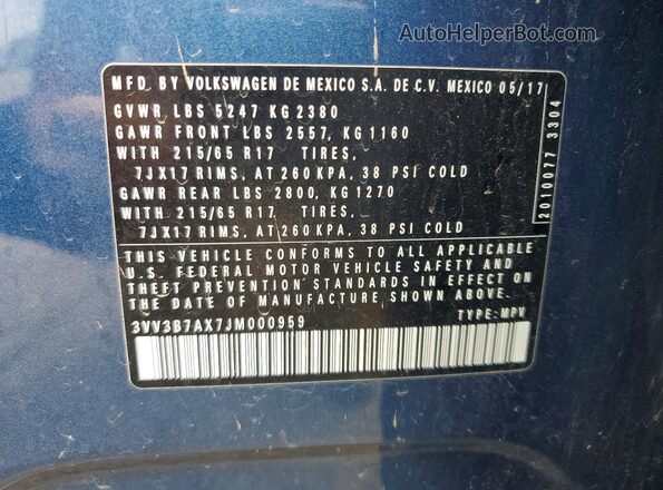 3VV3B7AX7JM000959 2018 VOLKSWAGEN TIGUAN Blue Vista de la etiqueta del VIN