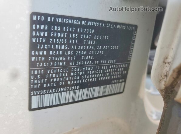 3VV3B7AX7JM073958 2018 VOLKSWAGEN TIGUAN White Vista de la etiqueta del VIN