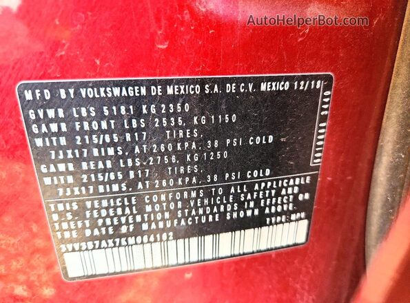 3VV3B7AX7KM064162 2019 VOLKSWAGEN TIGUAN Burgundy Widok naklejki z numerem VIN