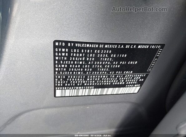 3VV3B7AX7MM013585 2021 VOLKSWAGEN TIGUAN Silver Vista del compartimento del motor