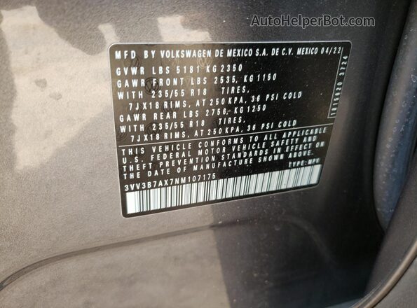 3VV3B7AX7NM107175 2022 VOLKSWAGEN TIGUAN Gray Շարժիչի բաժամունքի տեսք