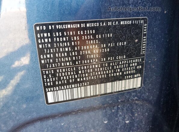 3VV3B7AX8KM052747 2019 VOLKSWAGEN TIGUAN Blue Панорамний вид салону 360°