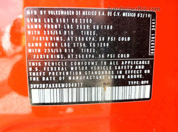 3VV3B7AX8KM094917 2019 VOLKSWAGEN TIGUAN Orange Vista del compartimento del motor