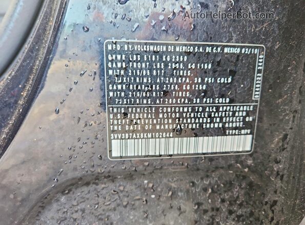 3VV3B7AX8KM102644 2019 VOLKSWAGEN TIGUAN Black Widok naklejki z numerem VIN