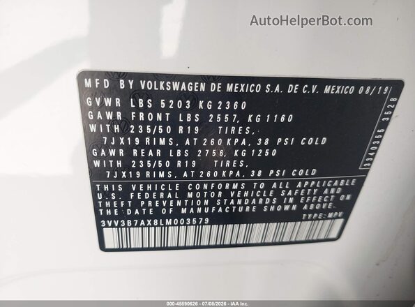 3VV3B7AX8LM003579 2020 VOLKSWAGEN TIGUAN White Widok komory silnika