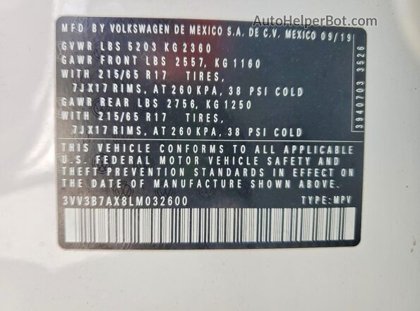 3VV3B7AX8LM032600 2020 VOLKSWAGEN TIGUAN White Vista de la etiqueta del VIN