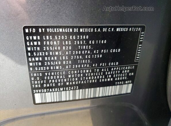 3VV3B7AX8LM162473 2020 VOLKSWAGEN TIGUAN Gray Widok naklejki z numerem VIN