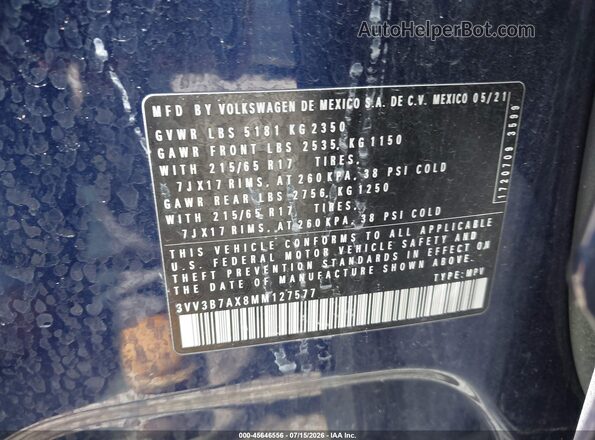 3VV3B7AX8MM127577 2021 VOLKSWAGEN TIGUAN Blue Вид підкапотного простору