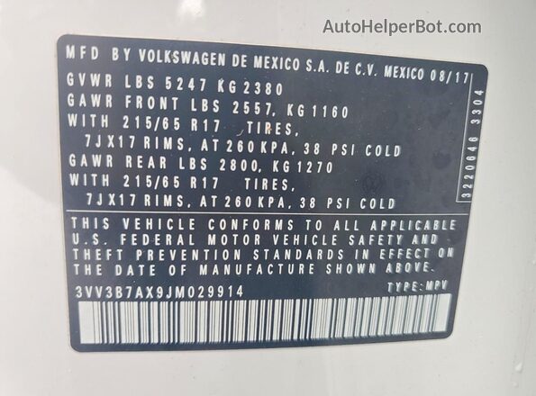 3VV3B7AX9JM029914 2018 VOLKSWAGEN TIGUAN White Vista de la etiqueta del VIN