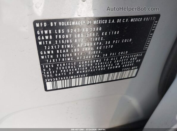 3VV3B7AX9JM047457 2018 VOLKSWAGEN TIGUAN White Widok komory silnika