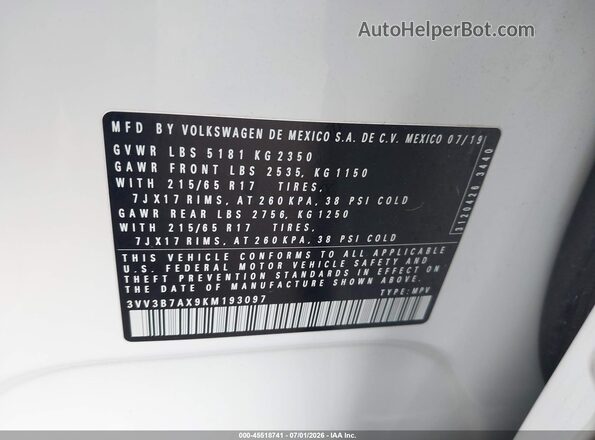 3VV3B7AX9KM193097 2019 VOLKSWAGEN TIGUAN White ძრავის განყოფილების ხედი