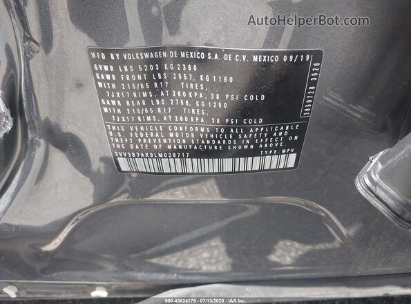 3VV3B7AX9LM028717 2020 VOLKSWAGEN TIGUAN Gray ძრავის განყოფილების ხედი