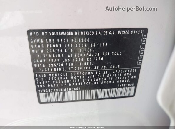 3VV3B7AX9LM105604 2020 VOLKSWAGEN TIGUAN White Widok komory silnika