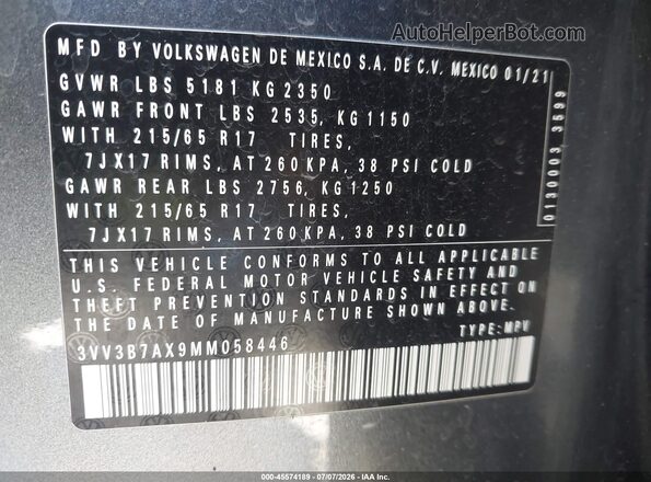3VV3B7AX9MM058446 2021 VOLKSWAGEN TIGUAN Gray ძრავის განყოფილების ხედი