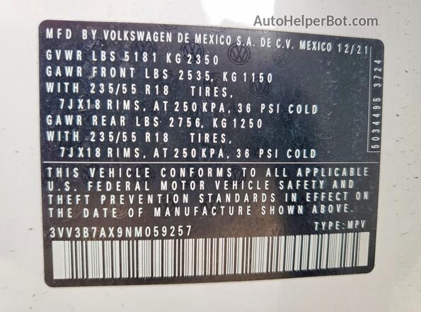 3VV3B7AX9NM059257 2022 VOLKSWAGEN TIGUAN White Widok wnętrza 360 stopni