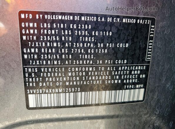 3VV3B7AX9NM125970 2022 VOLKSWAGEN TIGUAN Gray Вид наклейки з VIN-кодом